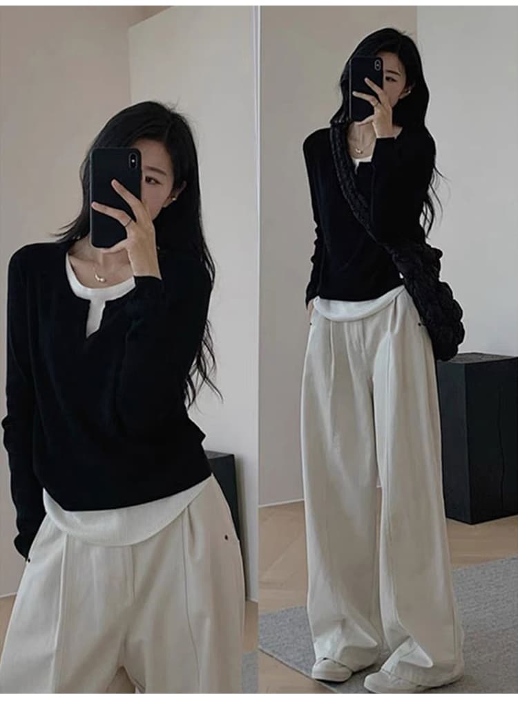 리브 페이크 레이어드 여성 가을 몸매 가꾸기 슬림해 보이는 기본 셔츠 긴팔 맨위 상세 이미지 11
