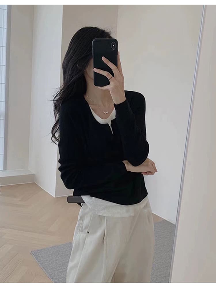 리브 페이크 레이어드 여성 가을 몸매 가꾸기 슬림해 보이는 기본 셔츠 긴팔 맨위 상세 이미지 12