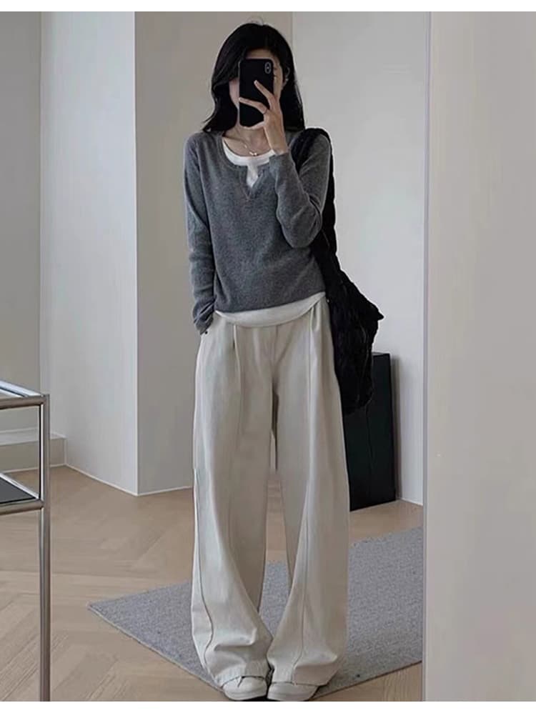 리브 페이크 레이어드 여성 가을 몸매 가꾸기 슬림해 보이는 기본 셔츠 긴팔 맨위 상세 이미지 13