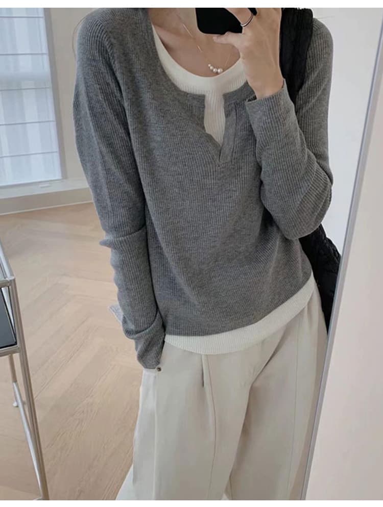 리브 페이크 레이어드 여성 가을 몸매 가꾸기 슬림해 보이는 기본 셔츠 긴팔 맨위 상세 이미지 14