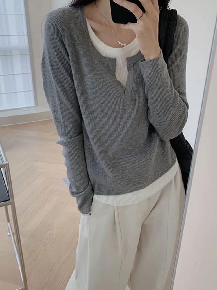 리브 페이크 레이어드 여성 가을 몸매 가꾸기 슬림해 보이는 기본 셔츠 긴팔 맨위 상세 이미지 19