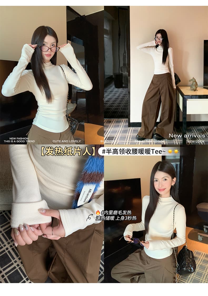 봄 가을 겨울 새로운 반하이넥 긴팔 기본 셔츠 여성 빅 사이즈 지방 mm 몸매 가꾸기 허리 수축 인사이드 가져 가라. 털이 있는 티셔츠 맨위 상세 이미지 7