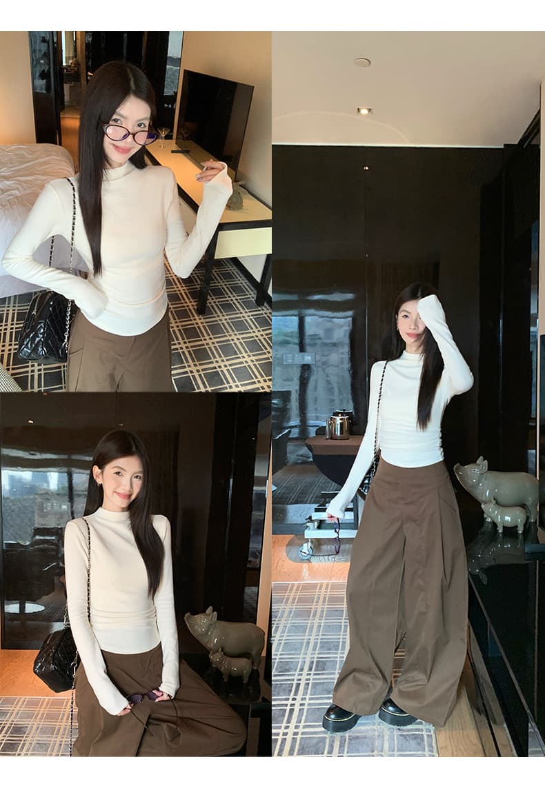 봄 가을 겨울 새로운 반하이넥 긴팔 기본 셔츠 여성 빅 사이즈 지방 mm 몸매 가꾸기 허리 수축 인사이드 가져 가라. 털이 있는 티셔츠 맨위 상세 이미지 17