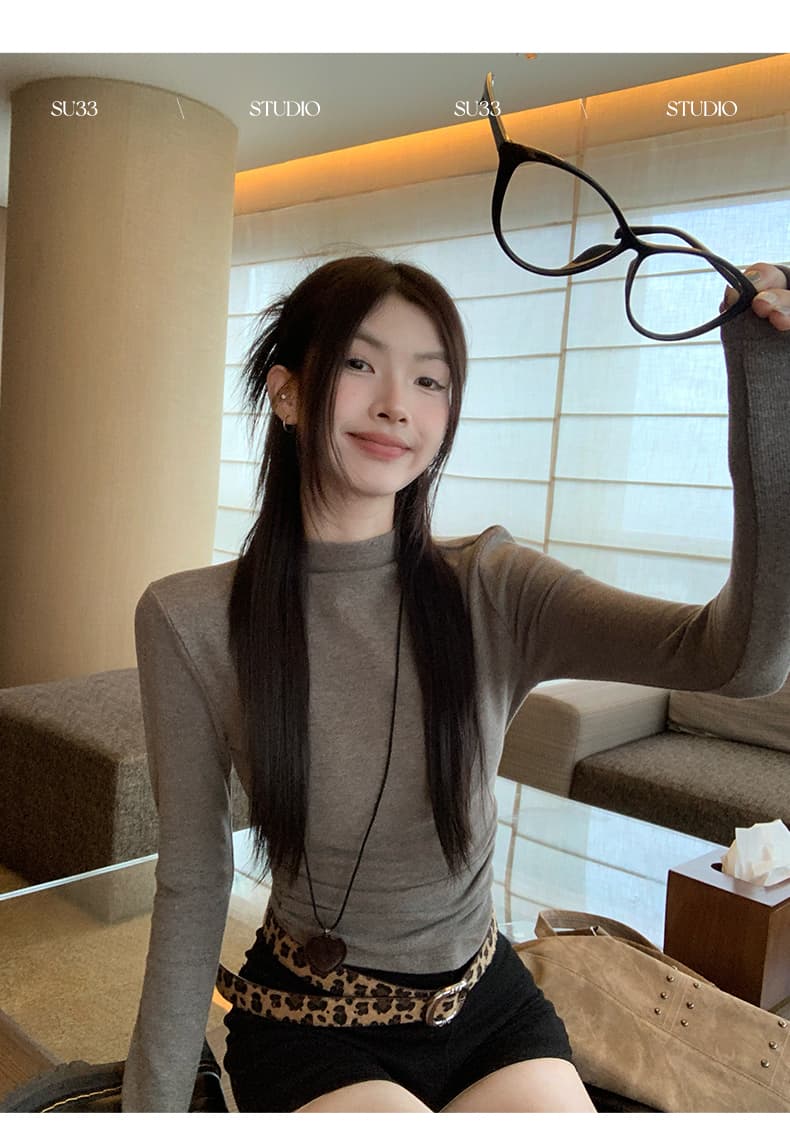 봄 가을 겨울 새로운 반하이넥 긴팔 기본 셔츠 여성 빅 사이즈 지방 mm 몸매 가꾸기 허리 수축 인사이드 가져 가라. 털이 있는 티셔츠 맨위 상세 이미지 21