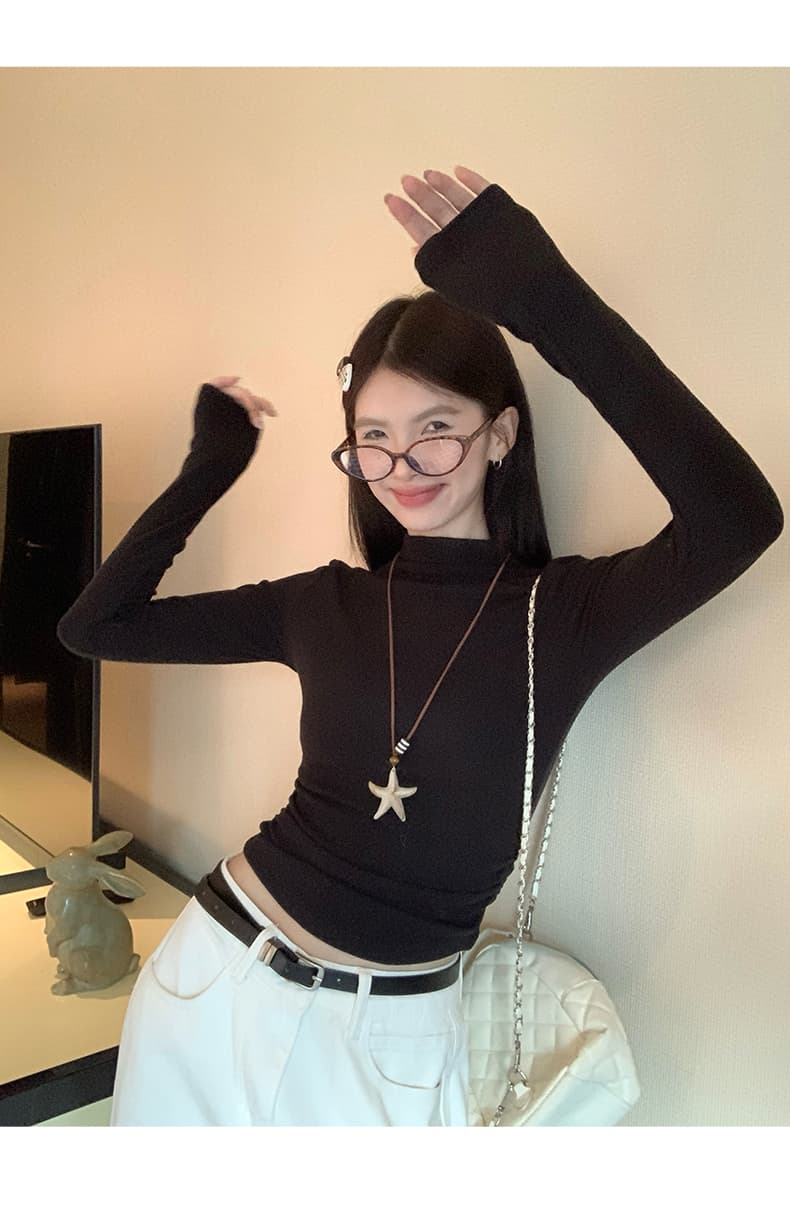 봄 가을 겨울 새로운 반하이넥 긴팔 기본 셔츠 여성 빅 사이즈 지방 mm 몸매 가꾸기 허리 수축 인사이드 가져 가라. 털이 있는 티셔츠 맨위 상세 이미지 28