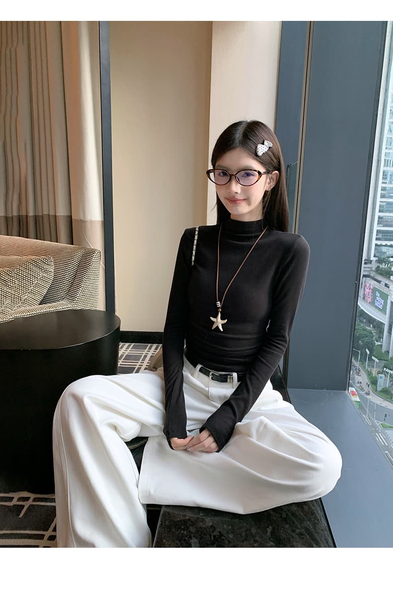 봄 가을 겨울 새로운 반하이넥 긴팔 기본 셔츠 여성 빅 사이즈 지방 mm 몸매 가꾸기 허리 수축 인사이드 가져 가라. 털이 있는 티셔츠 맨위 상세 이미지 35