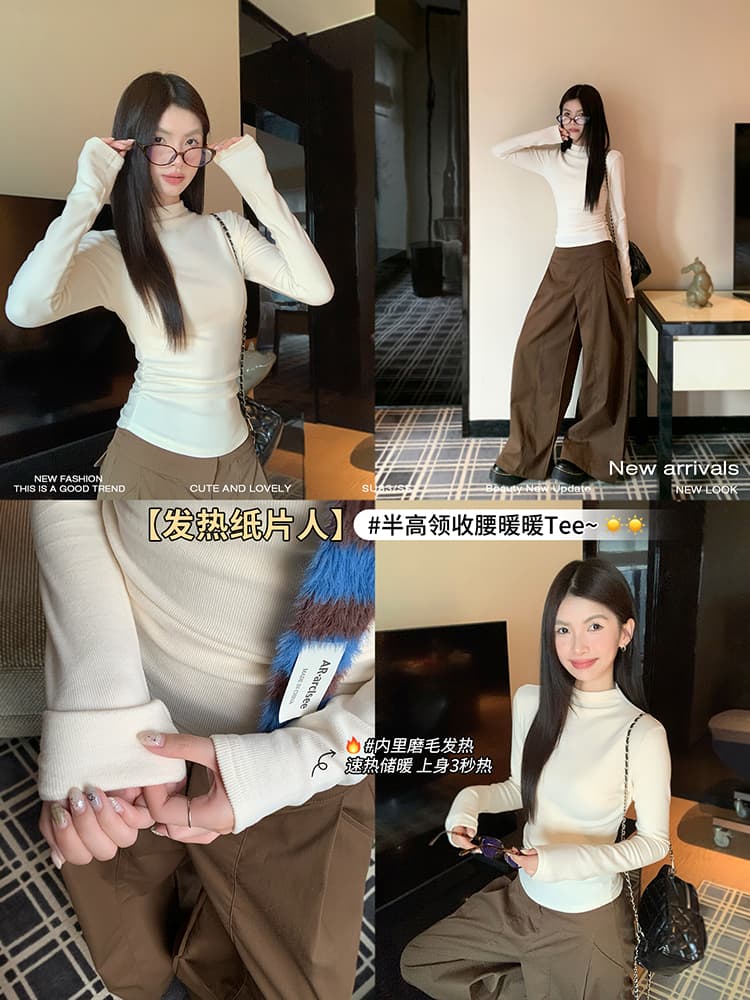 봄 가을 겨울 새로운 반하이넥 긴팔 기본 셔츠 여성 빅 사이즈 지방 mm 몸매 가꾸기 허리 수축 인사이드 가져 가라. 털이 있는 티셔츠 맨위 상세 이미지 37