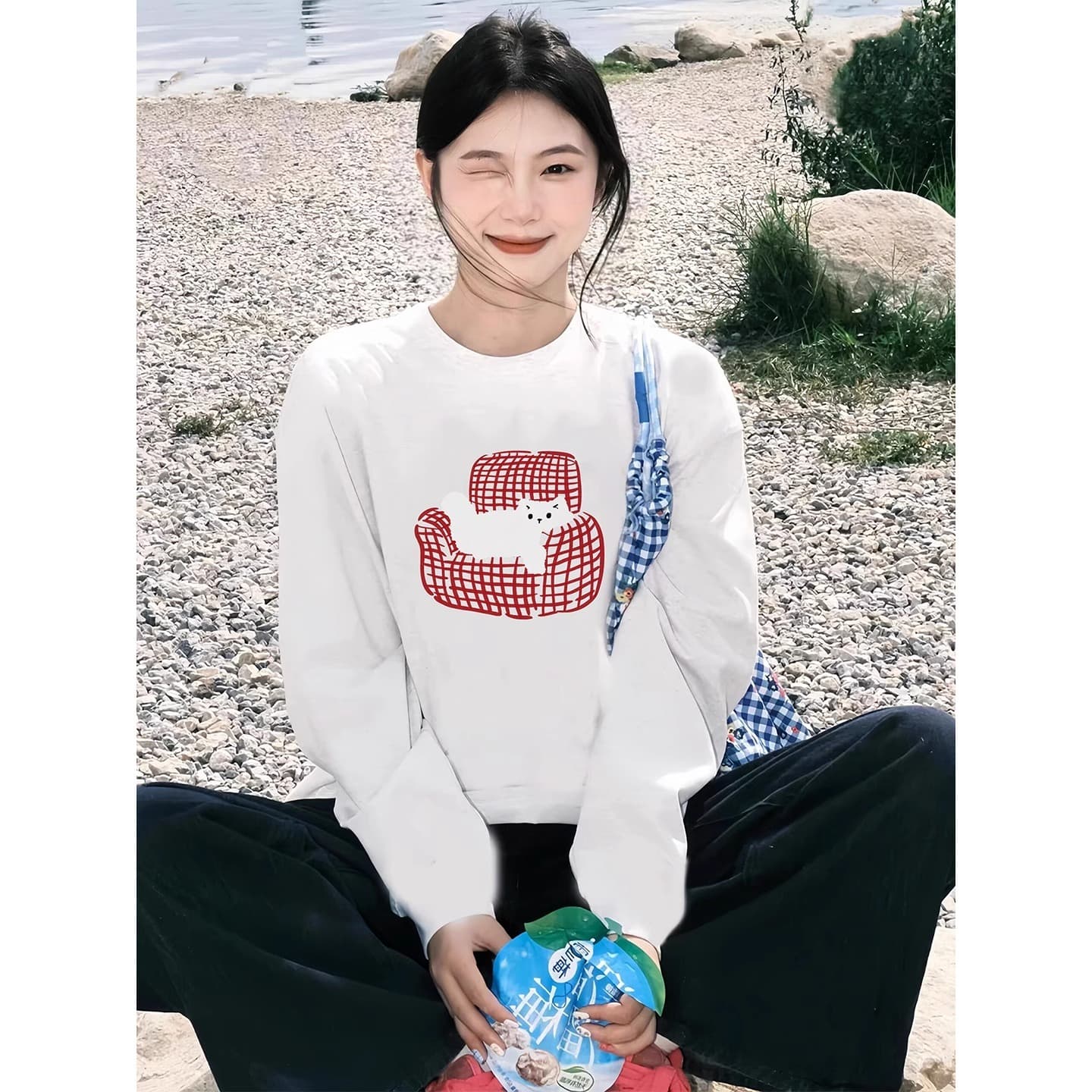 21 순면 210 그램 가을 의상 긴팔 티셔츠 여성 루즈핏 맨위 프린트 상세 이미지 5