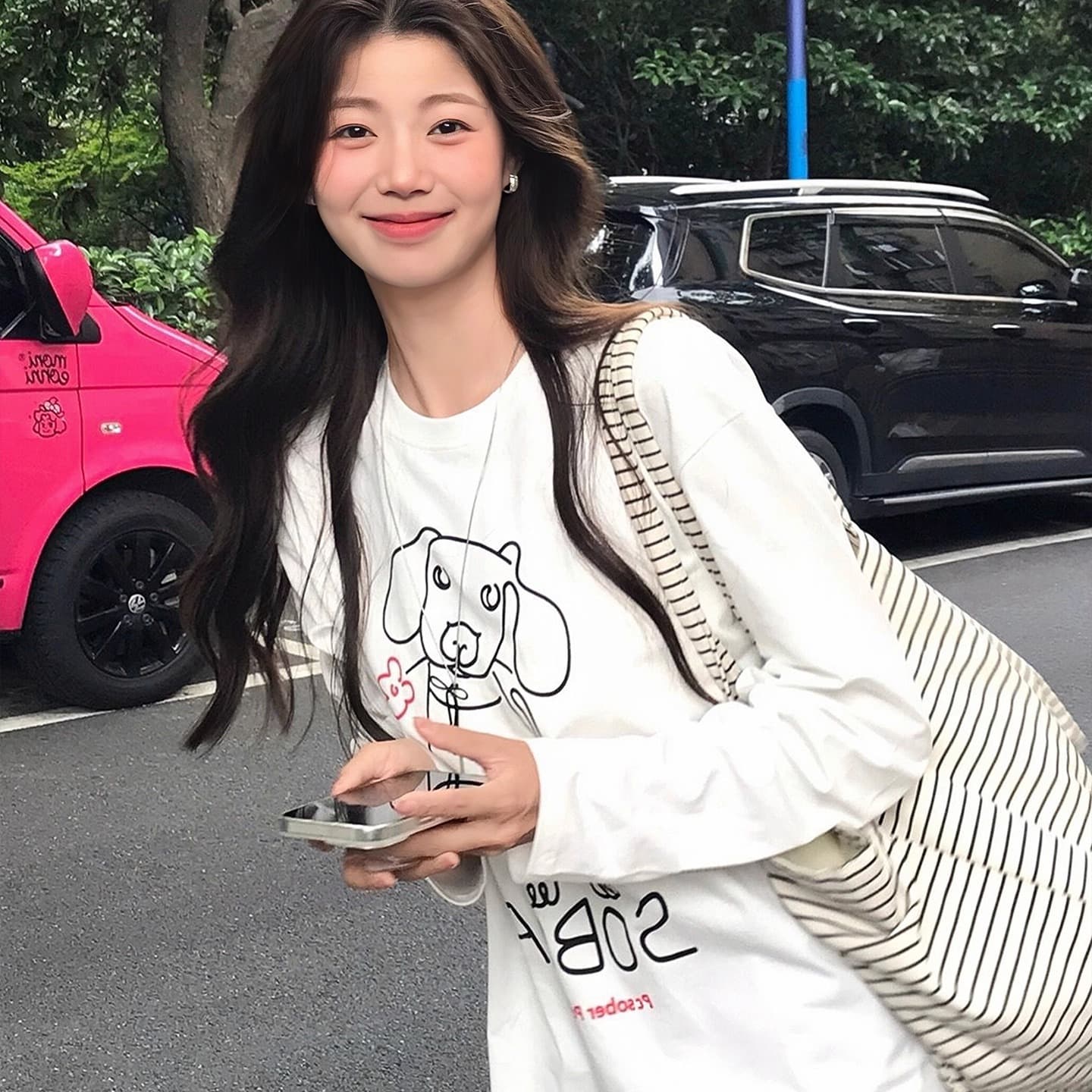 21 순면 210 그램 가을 의상 긴팔 티셔츠 여성 루즈핏 맨위 프린트 이미지 5