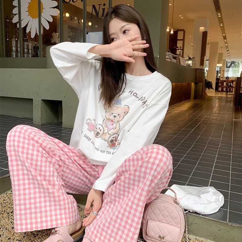 21 순면 210 그램 가을 의상 긴팔 티셔츠 여성 루즈핏 맨위 프린트 이미지 4