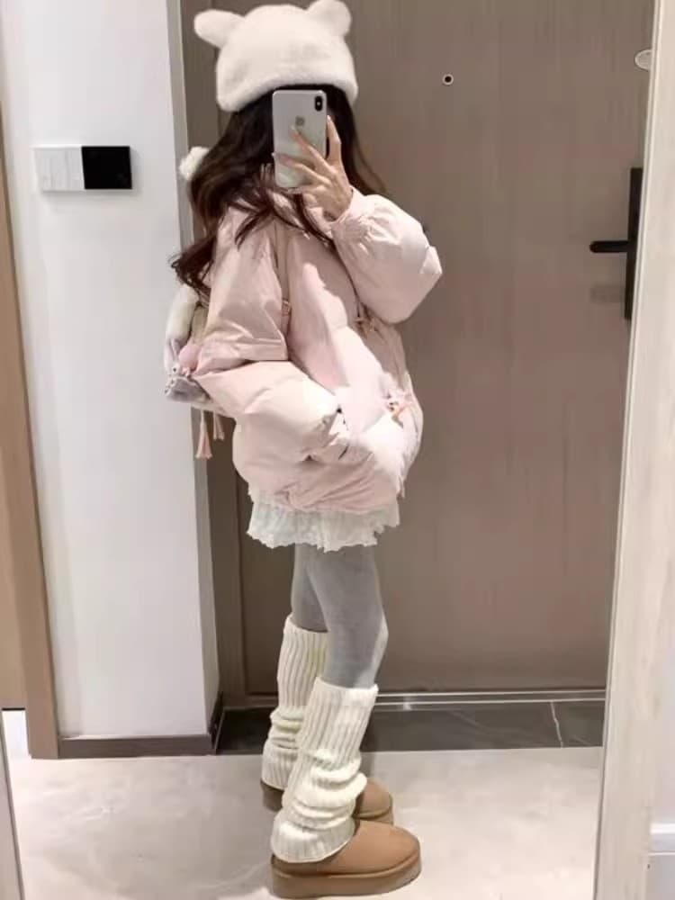 핑크색 후드 소뿔 버클 아래 면화 의류 여성 가을 겨울 디자인 센스 작은 대중 루즈핏 방한 두꺼운 보온 면 옷 트렌디
