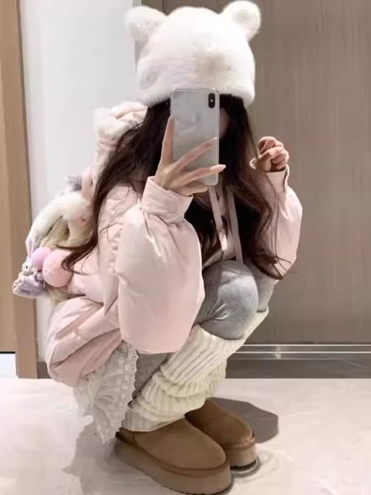 핑크색 후드 소뿔 버클 아래 면화 의류 여성 가을 겨울 디자인 센스 작은 대중 루즈핏 방한 두꺼운 보온 면 옷 트렌디 상세 이미지 5