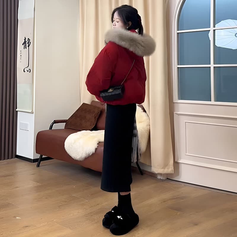 자르다 쓰기 빨간색 신년 아래 면화 의류 면 옷 쇼트 스타일 재킷 가을 겨울 새로운 고급 목화 진딧물 폭발 여성 이미지 4