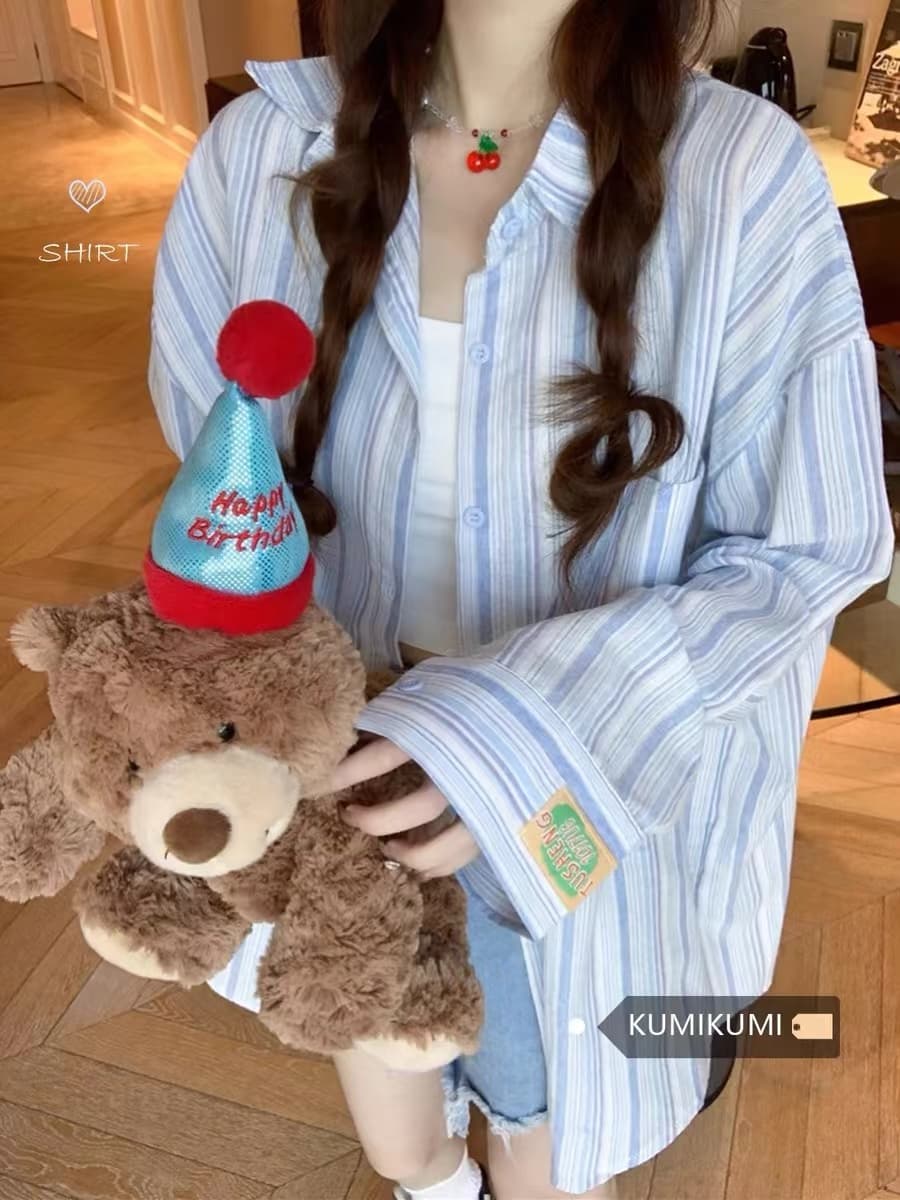 원본 천 스트라이프 POLO 칼라 파란색 셔츠 여성 코트 가을 루즈핏 캐주얼 셔츠 중간 길이 맨위