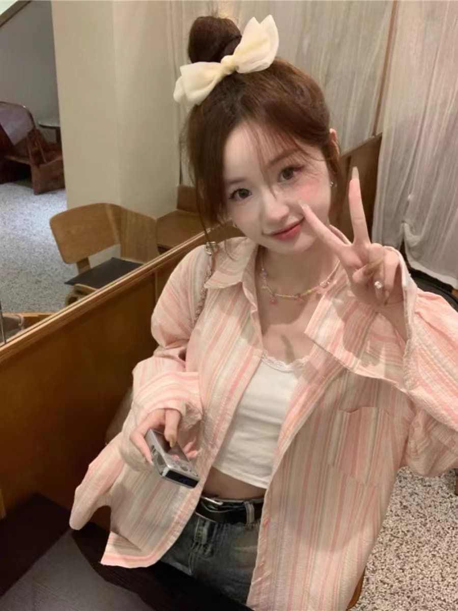 원본 천 스트라이프 POLO 칼라 파란색 셔츠 여성 코트 가을 루즈핏 캐주얼 셔츠 중간 길이 맨위 이미지 4