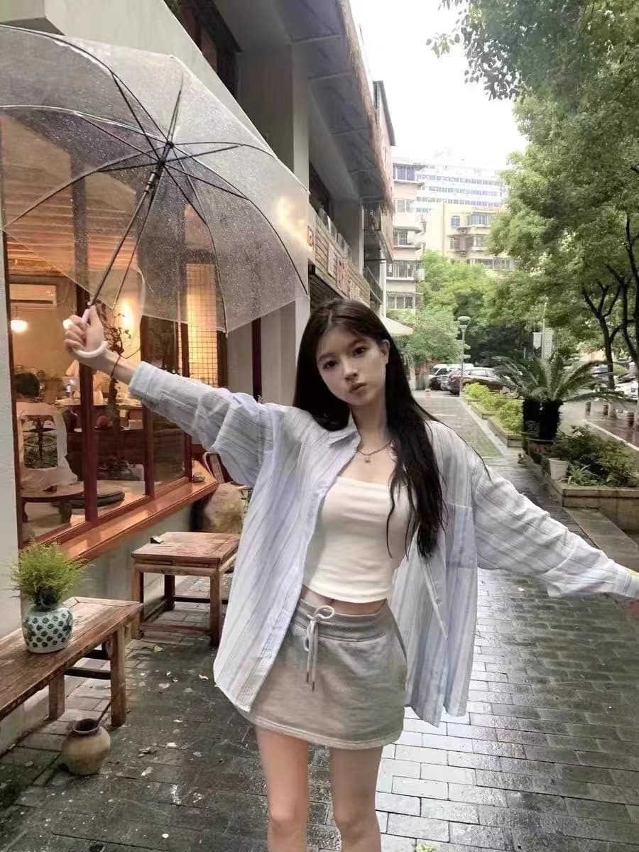 원본 천 스트라이프 POLO 칼라 파란색 셔츠 여성 코트 가을 루즈핏 캐주얼 셔츠 중간 길이 맨위 상세 이미지 5