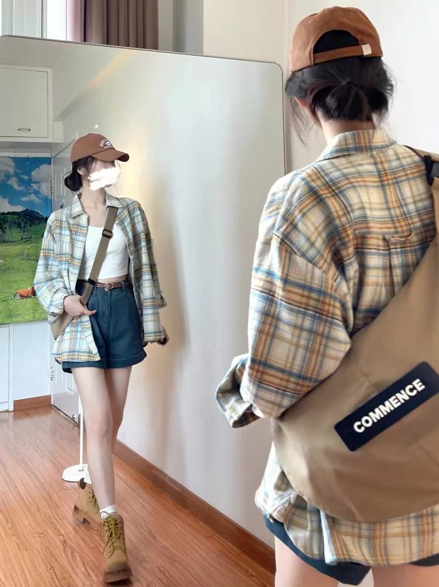 원본 포함 면 체크무늬 아메리칸 레트로 배색 격자 무늬 셔츠 이른 가을 루즈핏 긴팔 맨위 이미지 2