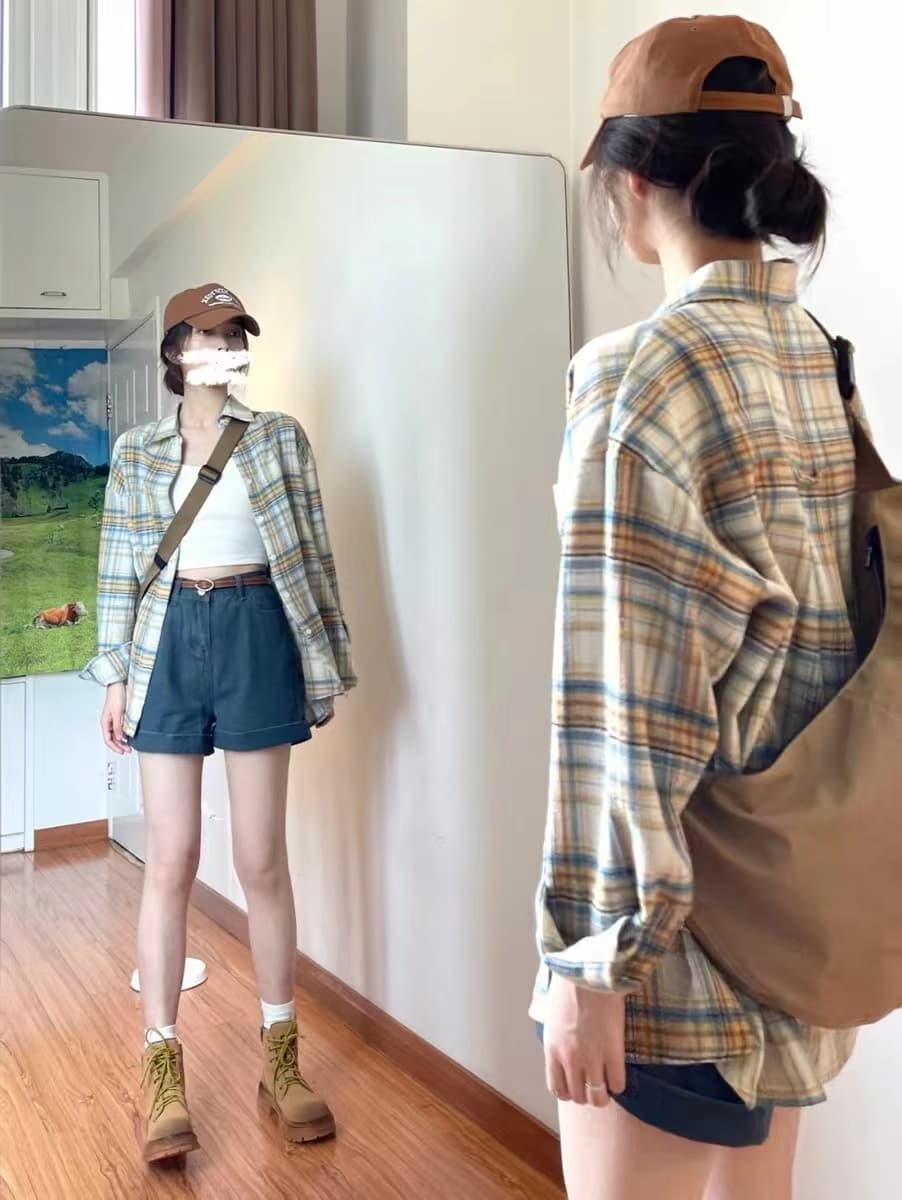 원본 포함 면 체크무늬 아메리칸 레트로 배색 격자 무늬 셔츠 이른 가을 루즈핏 긴팔 맨위 이미지 4