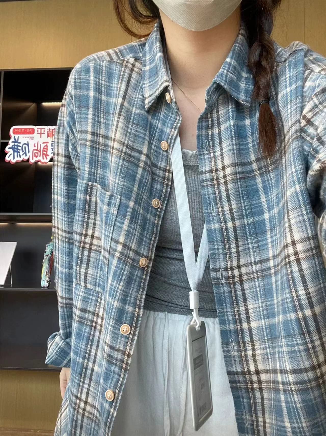 원본 포함 면 체크무늬 아메리칸 레트로 배색 격자 무늬 셔츠 이른 가을 루즈핏 긴팔 맨위