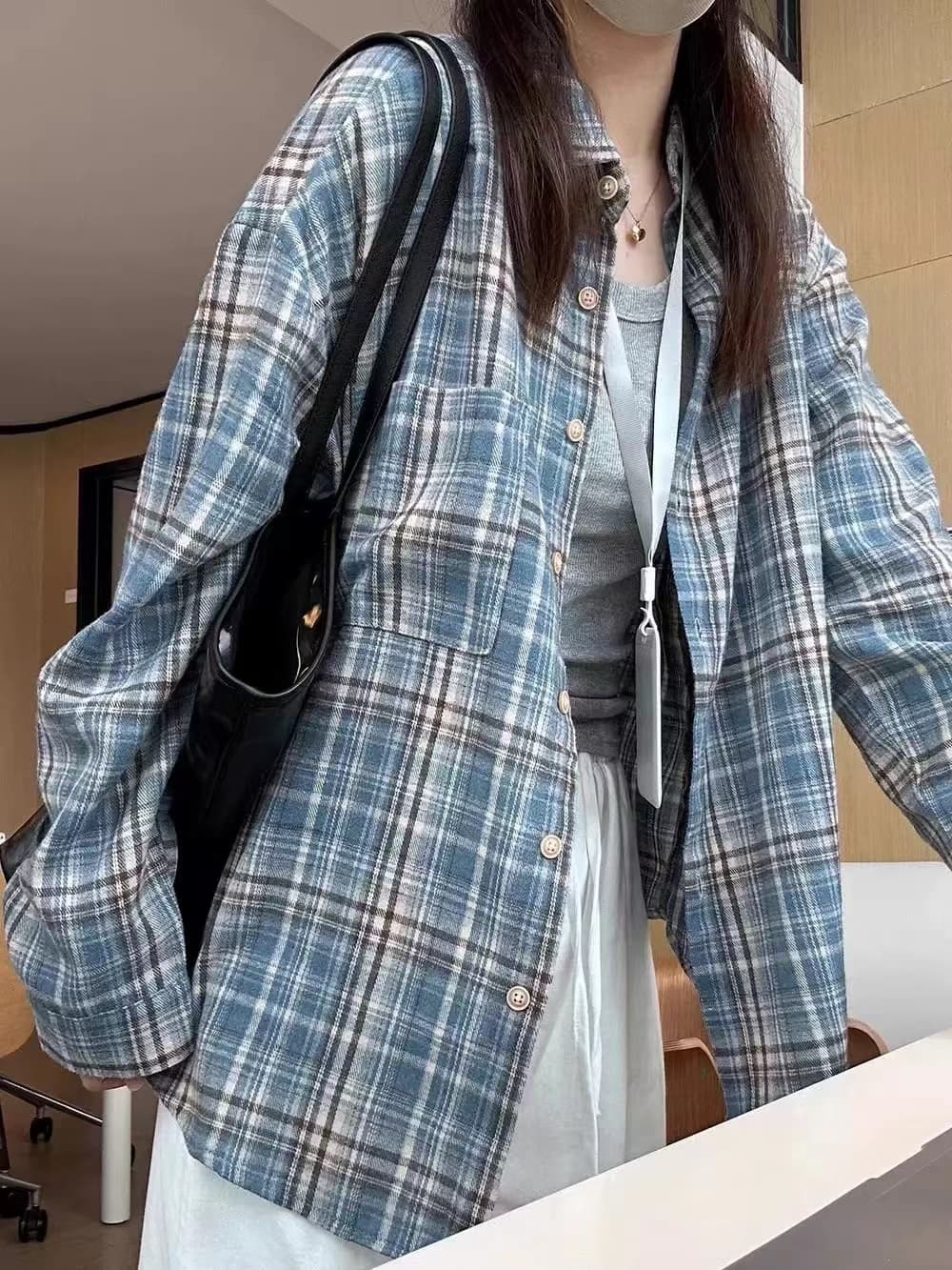 원본 포함 면 체크무늬 아메리칸 레트로 배색 격자 무늬 셔츠 이른 가을 루즈핏 긴팔 맨위 상세 이미지 2
