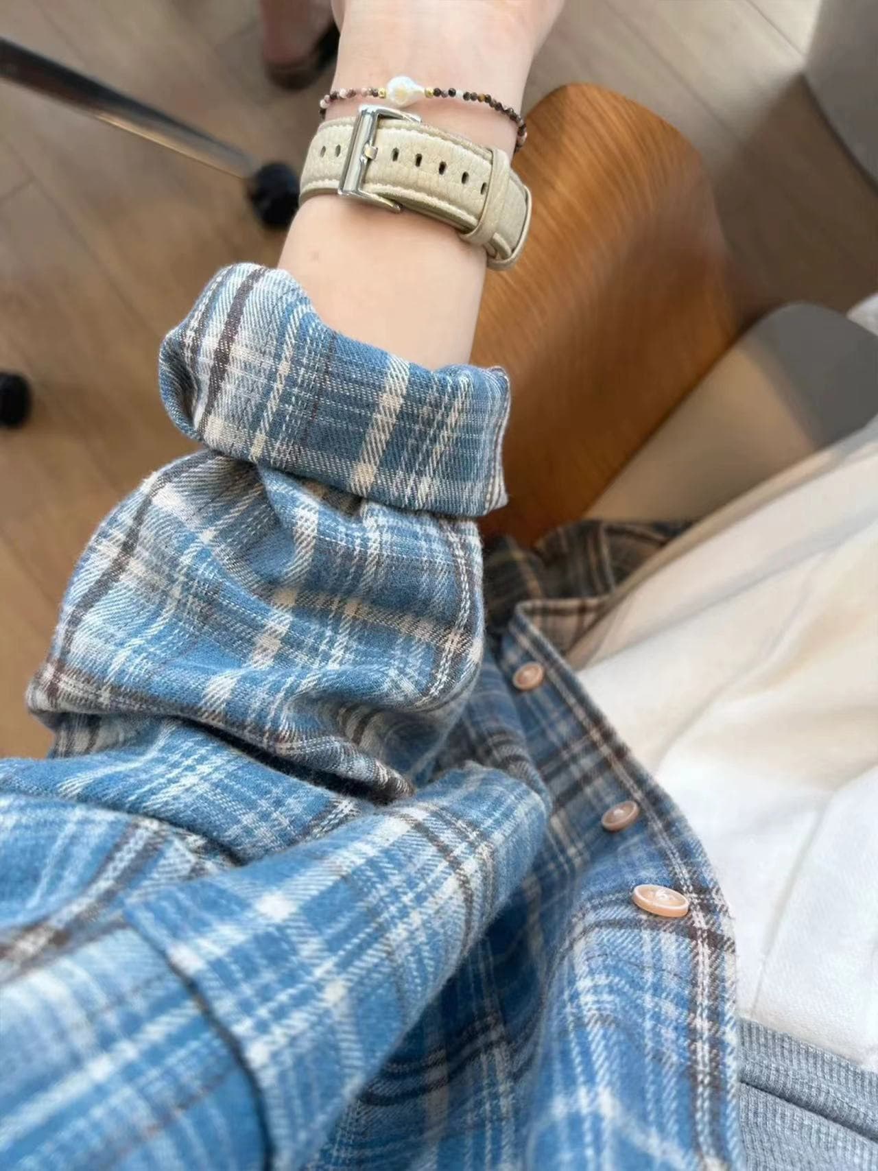 원본 포함 면 체크무늬 아메리칸 레트로 배색 격자 무늬 셔츠 이른 가을 루즈핏 긴팔 맨위 상세 이미지 3