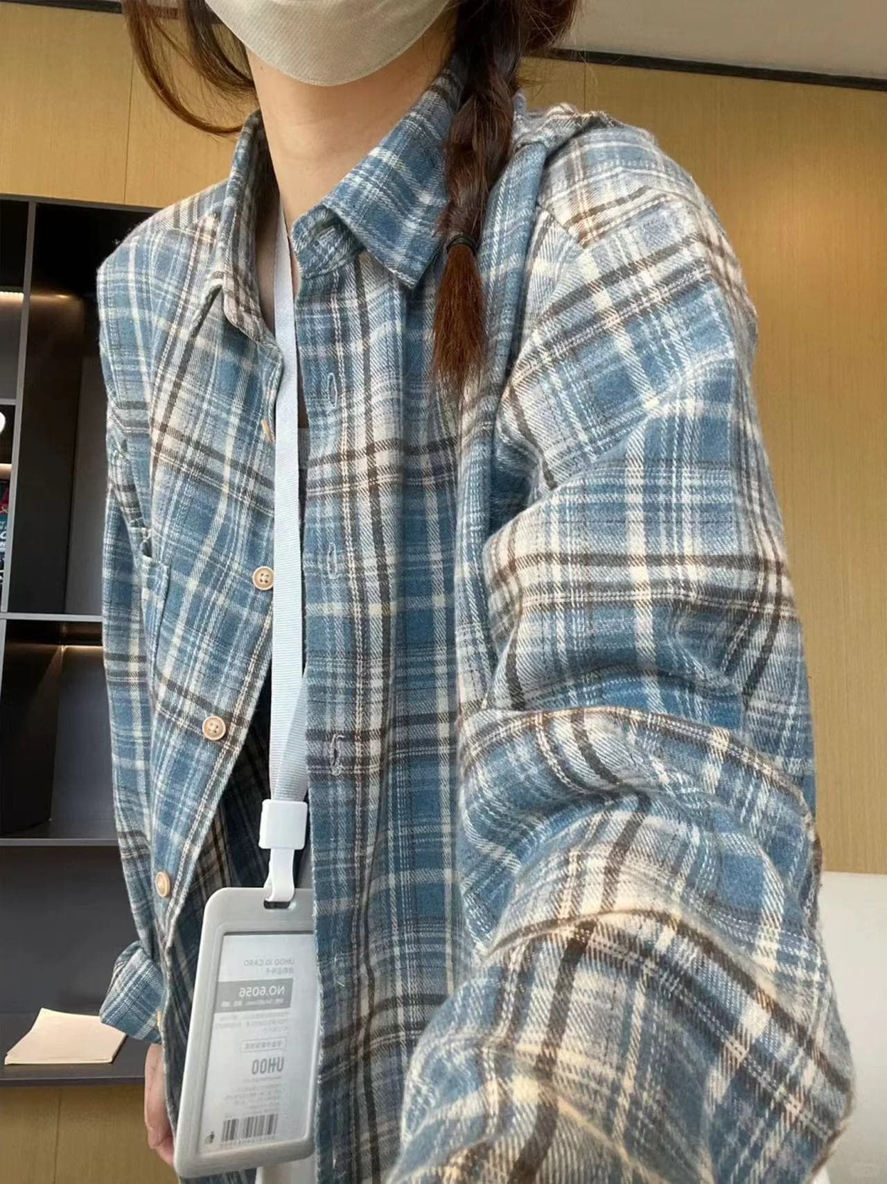 원본 포함 면 체크무늬 아메리칸 레트로 배색 격자 무늬 셔츠 이른 가을 루즈핏 긴팔 맨위 상세 이미지 4