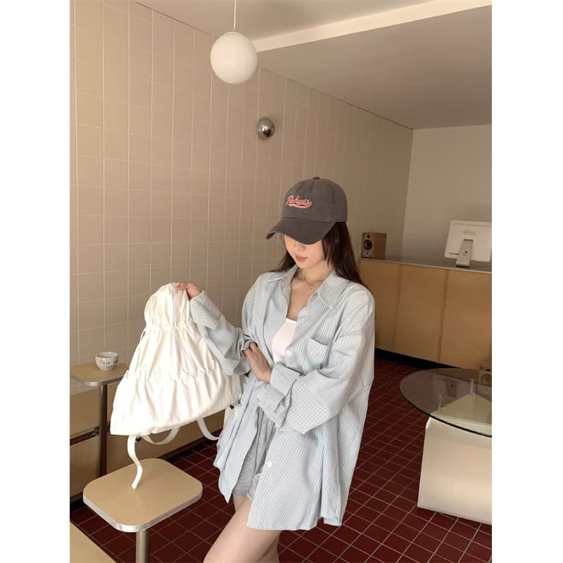 느슨함 센스 레트로 파란색 긴팔 격자 무늬 셔츠 맨위 여성 봄 가을 새로운 루즈핏 인사이드 가져 가라. Chic 셔츠 재킷 이미지 2