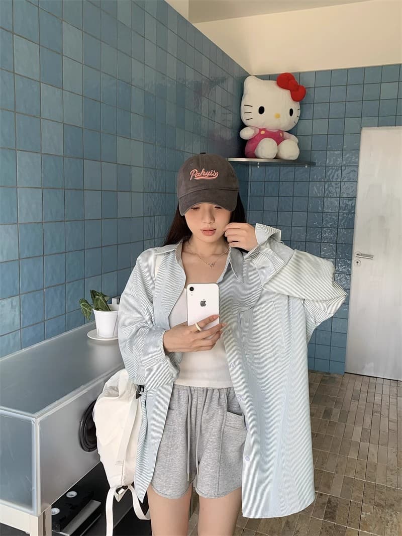 느슨함 센스 레트로 파란색 긴팔 격자 무늬 셔츠 맨위 여성 봄 가을 새로운 루즈핏 인사이드 가져 가라. Chic 셔츠 재킷 상세 이미지 23
