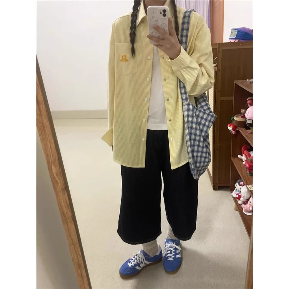 느슨함 센스 레트로 파란색 긴팔 격자 무늬 셔츠 맨위 여성 봄 가을 새로운 루즈핏 인사이드 가져 가라. Chic 셔츠 재킷 이미지 4