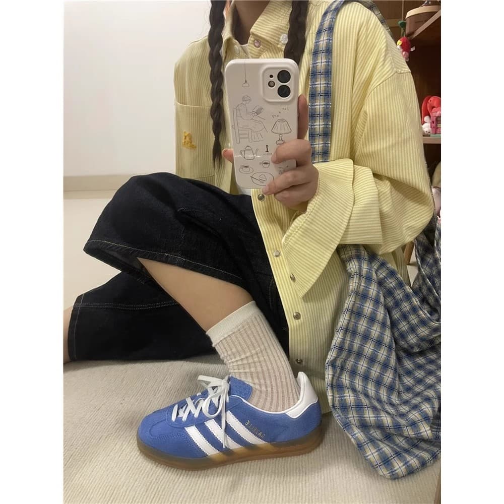 느슨함 센스 레트로 파란색 긴팔 격자 무늬 셔츠 맨위 여성 봄 가을 새로운 루즈핏 인사이드 가져 가라. Chic 셔츠 재킷 이미지 3