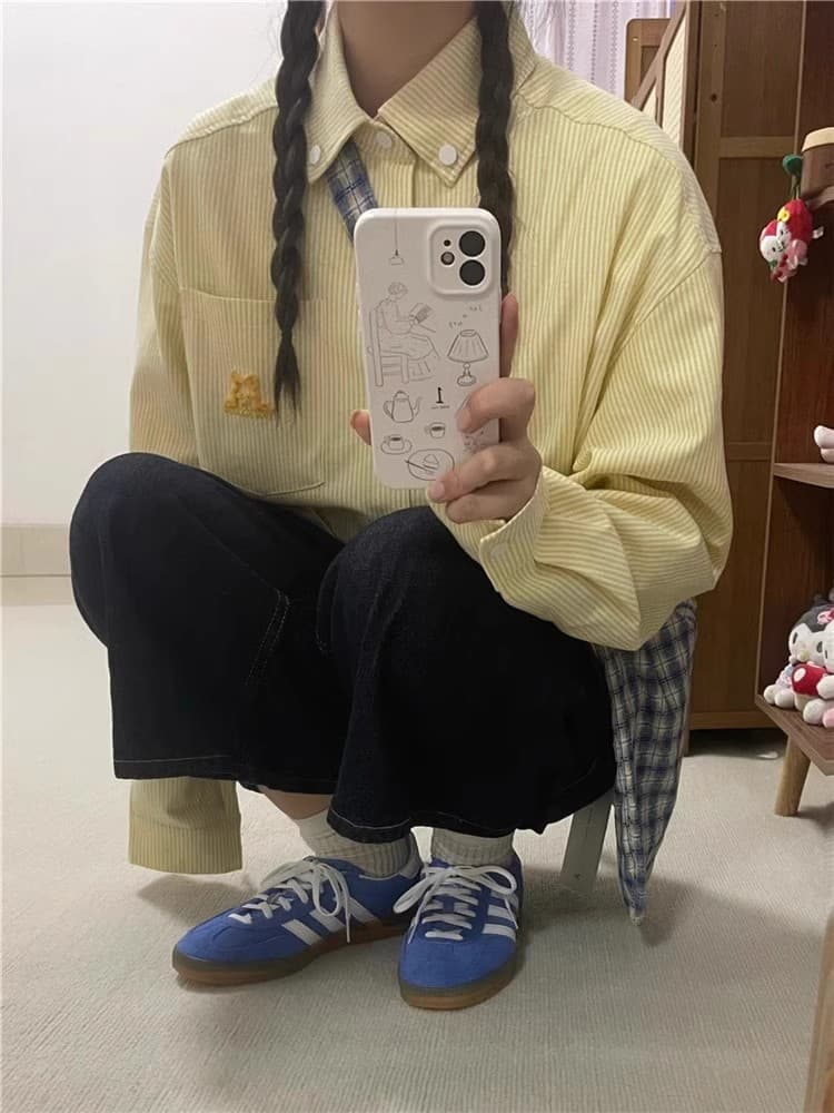 느슨함 센스 레트로 파란색 긴팔 격자 무늬 셔츠 맨위 여성 봄 가을 새로운 루즈핏 인사이드 가져 가라. Chic 셔츠 재킷 상세 이미지 4