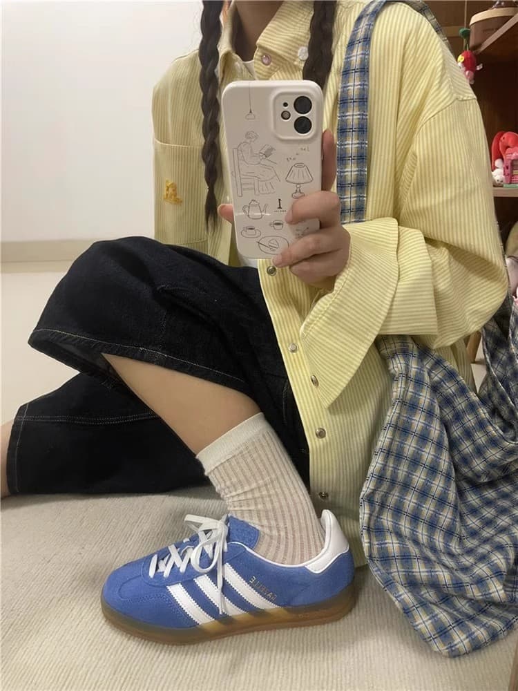 느슨함 센스 레트로 파란색 긴팔 격자 무늬 셔츠 맨위 여성 봄 가을 새로운 루즈핏 인사이드 가져 가라. Chic 셔츠 재킷 상세 이미지 5