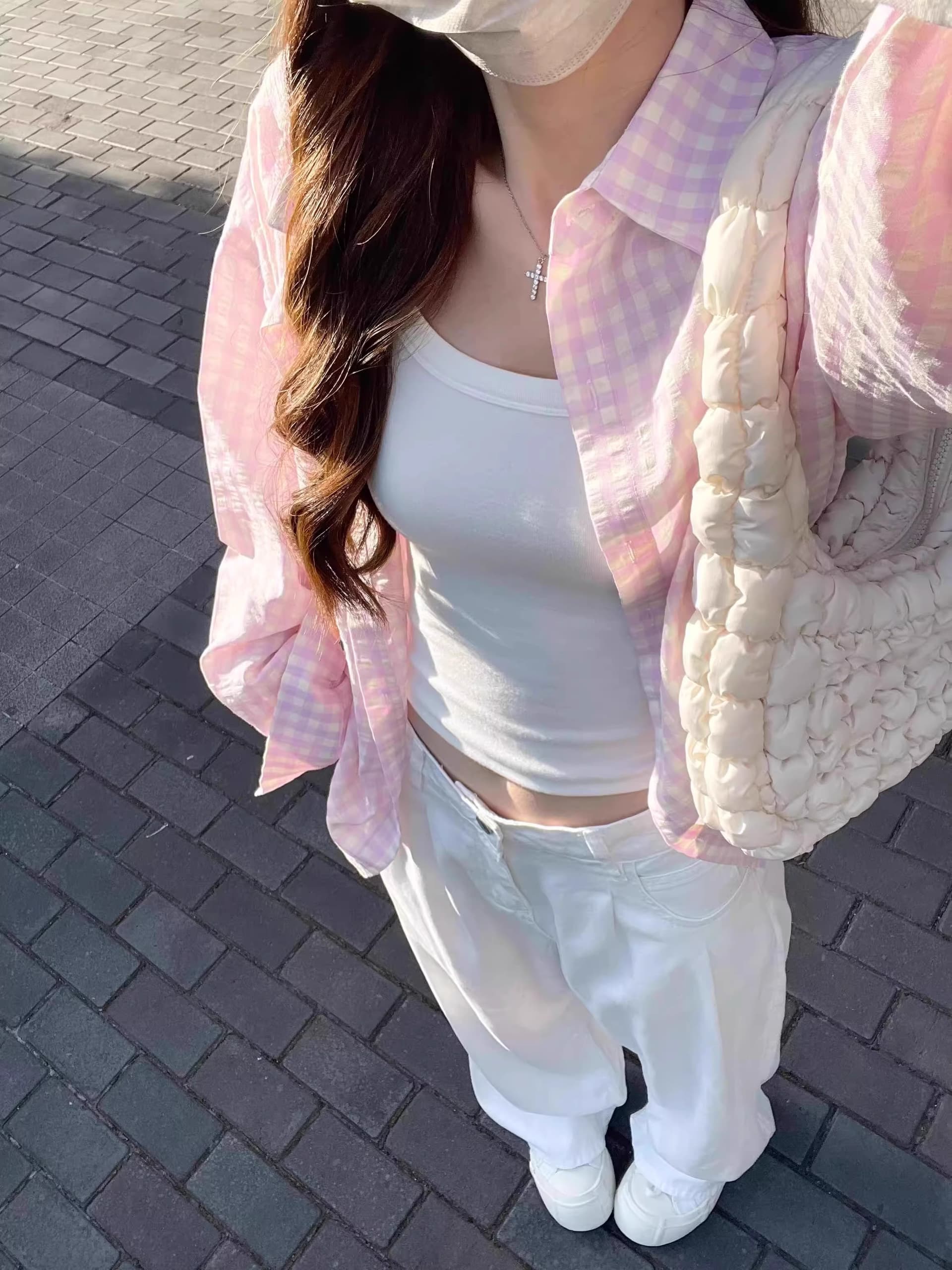 원본 품질 핑크색 체크무늬 여성 셔츠 새로운 얇은 스타일 루즈핏 다용도 캐주얼 맨위 상세 이미지 5