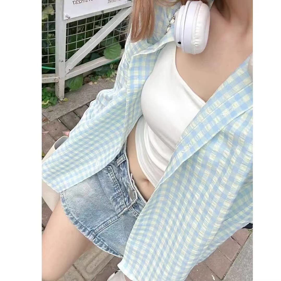 원본 품질 핑크색 체크무늬 여성 셔츠 새로운 얇은 스타일 루즈핏 다용도 캐주얼 맨위 상세 이미지 7