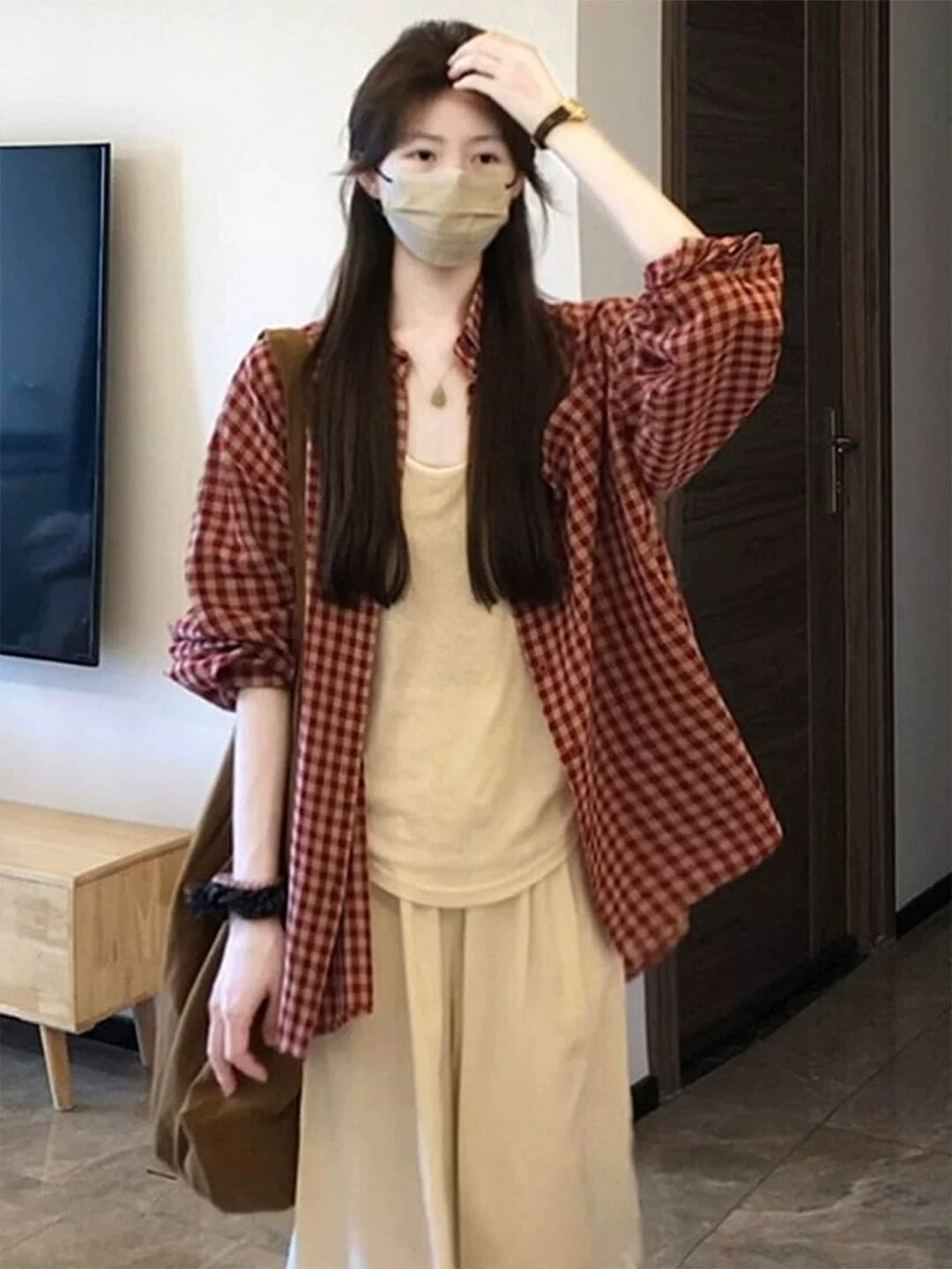 빨간색 체크무늬 외부 가져 가라. 자외선 차단 루즈핏 긴팔 셔츠 셔츠 여성 2026 새로운 프랑스식 사소한 맨위 이미지 4