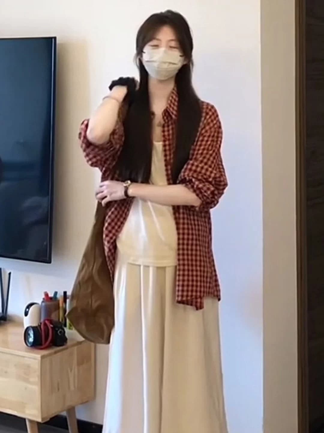 빨간색 체크무늬 외부 가져 가라. 자외선 차단 루즈핏 긴팔 셔츠 셔츠 여성 2026 새로운 프랑스식 사소한 맨위 이미지 3