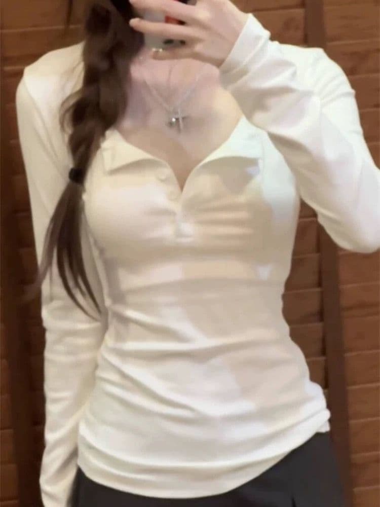 92 접착제 8 암모니아 Lun 단추 반 개방 칼라 허리 수축 긴팔 몸매 가꾸기 기본 셔츠 맨위