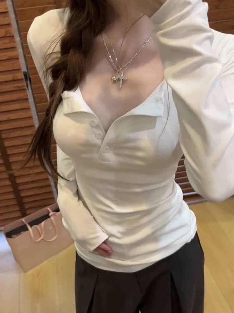 92 접착제 8 암모니아 Lun 단추 반 개방 칼라 허리 수축 긴팔 몸매 가꾸기 기본 셔츠 맨위 상세 이미지 5