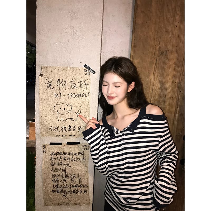 있음 선적 컬러 짜임 기사 스트라이프 반 개방 칼라 오프숄더 긴팔 티셔츠 여성 가을 다용도 루즈핏 상세 이미지 3