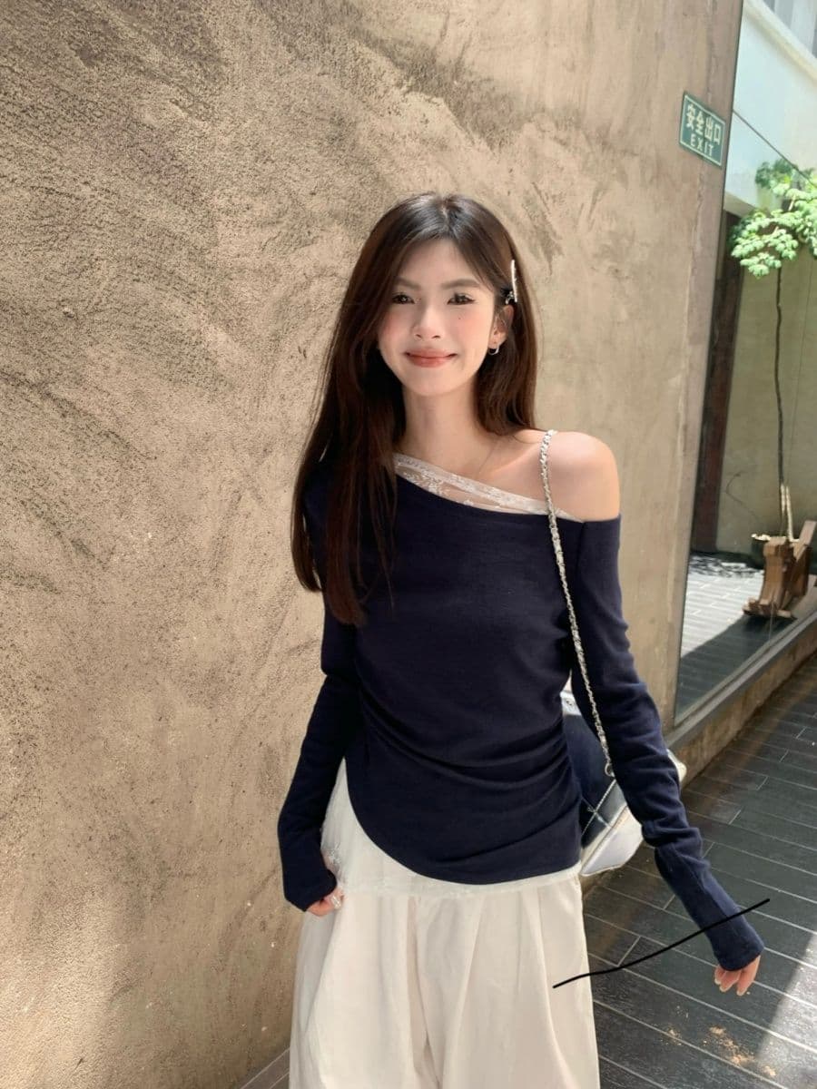없음 마이너스 모달 260 그램 페이크 레이어드 긴팔 티셔츠 여성