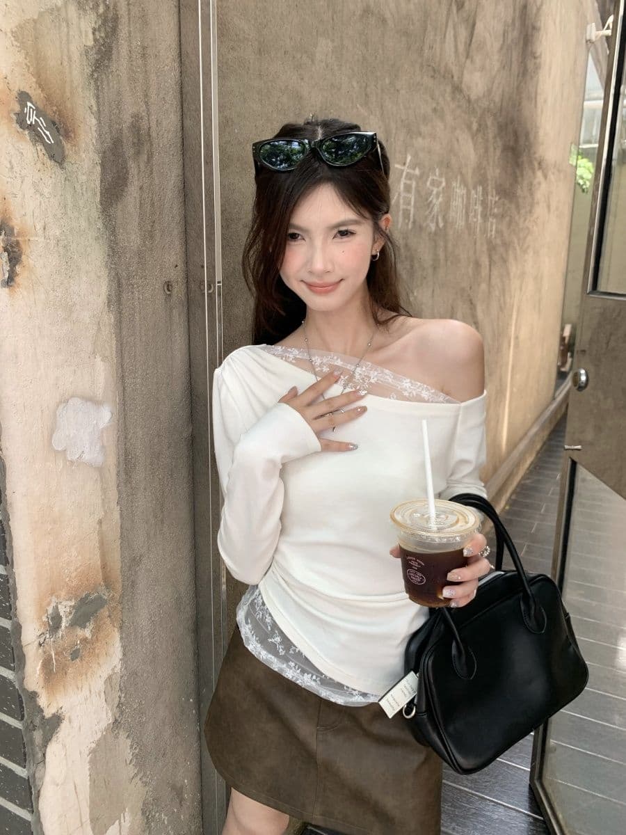 없음 마이너스 모달 260 그램 페이크 레이어드 긴팔 티셔츠 여성 이미지 4