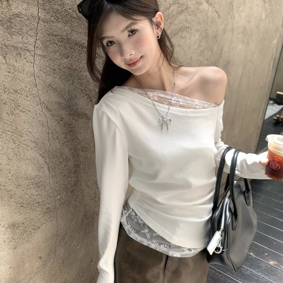 없음 마이너스 모달 260 그램 페이크 레이어드 긴팔 티셔츠 여성 이미지 2