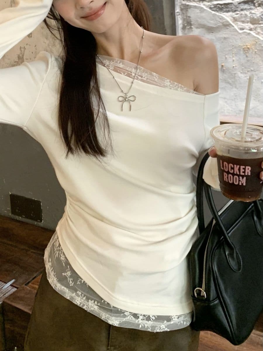없음 마이너스 모달 260 그램 페이크 레이어드 긴팔 티셔츠 여성 상세 이미지 6