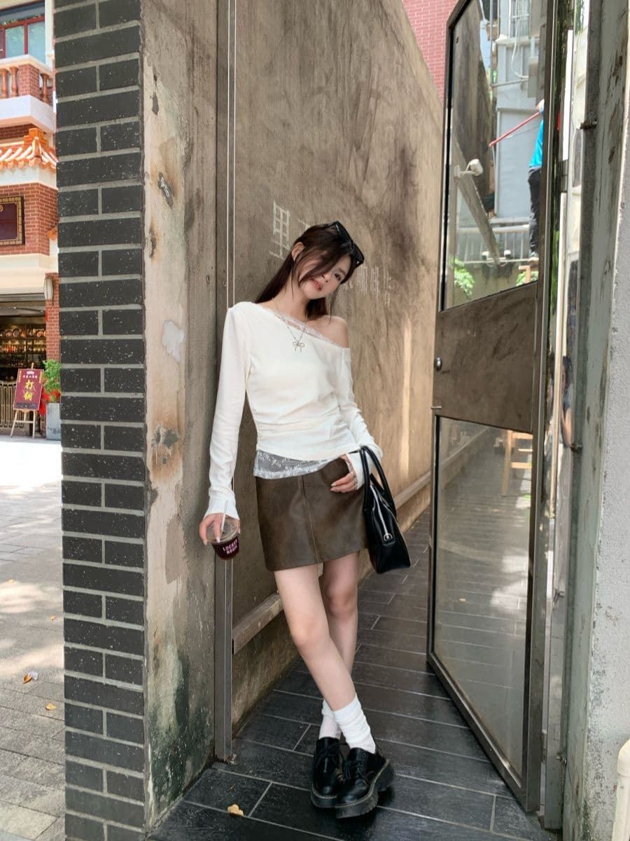 없음 마이너스 모달 260 그램 페이크 레이어드 긴팔 티셔츠 여성 상세 이미지 8
