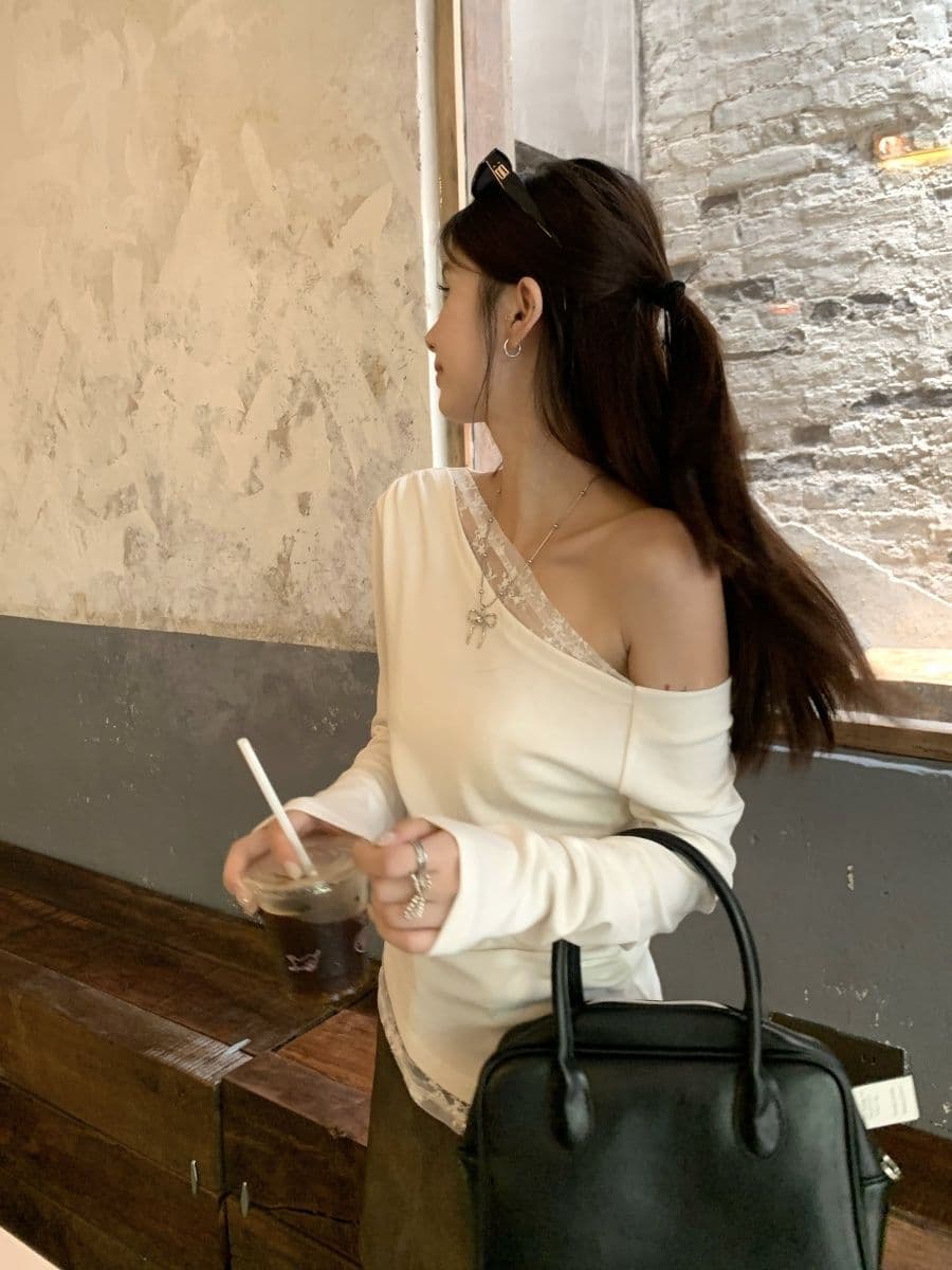 없음 마이너스 모달 260 그램 페이크 레이어드 긴팔 티셔츠 여성 상세 이미지 9