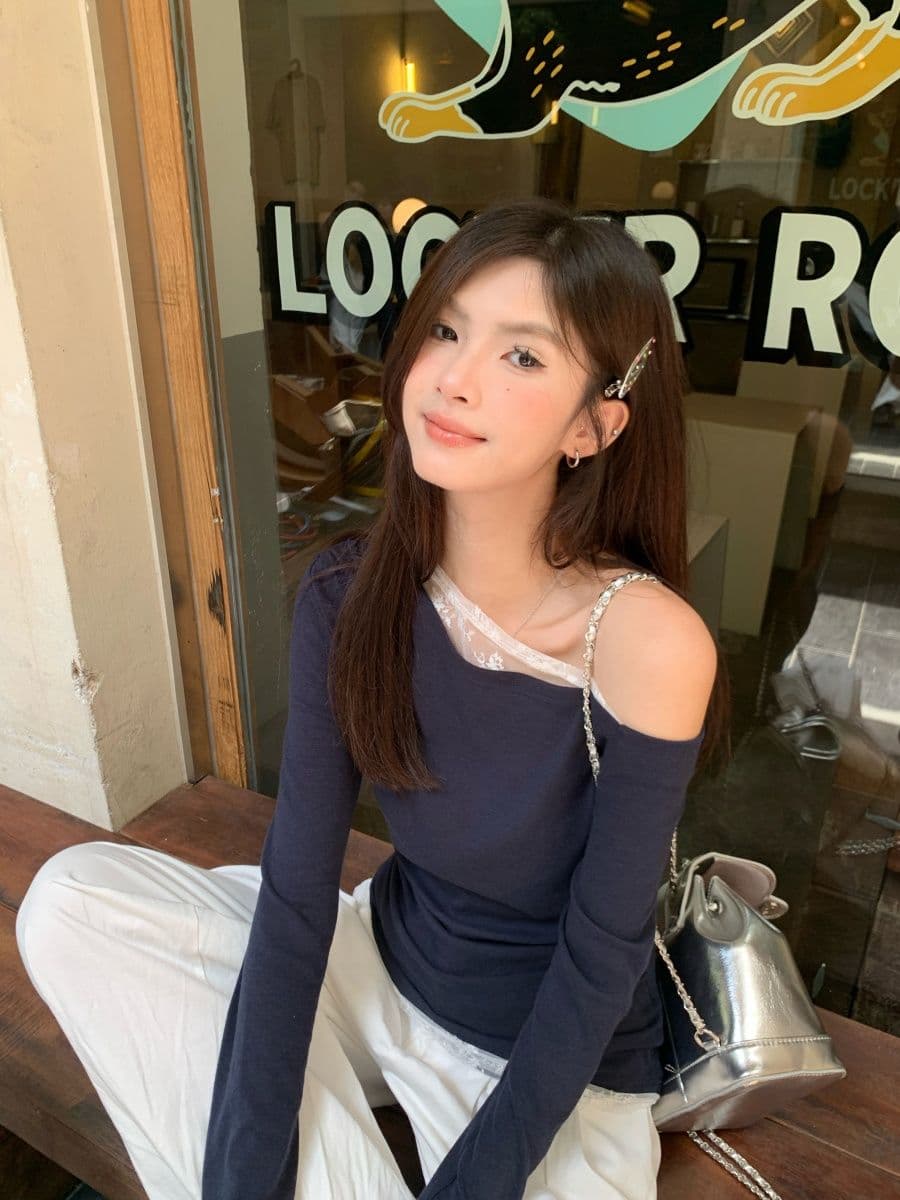없음 마이너스 모달 260 그램 페이크 레이어드 긴팔 티셔츠 여성 상세 이미지 15