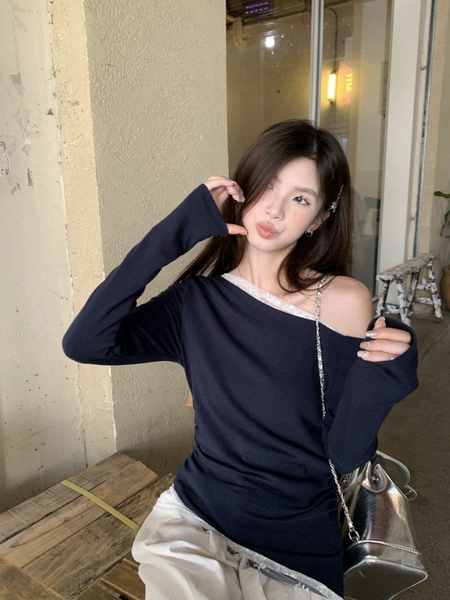 없음 마이너스 모달 260 그램 페이크 레이어드 긴팔 티셔츠 여성 상세 이미지 17