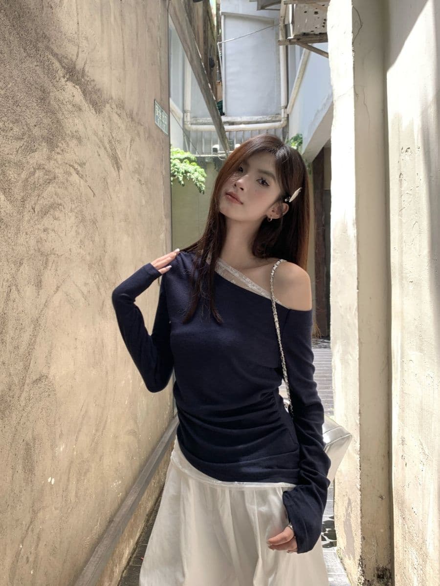 없음 마이너스 모달 260 그램 페이크 레이어드 긴팔 티셔츠 여성 상세 이미지 22
