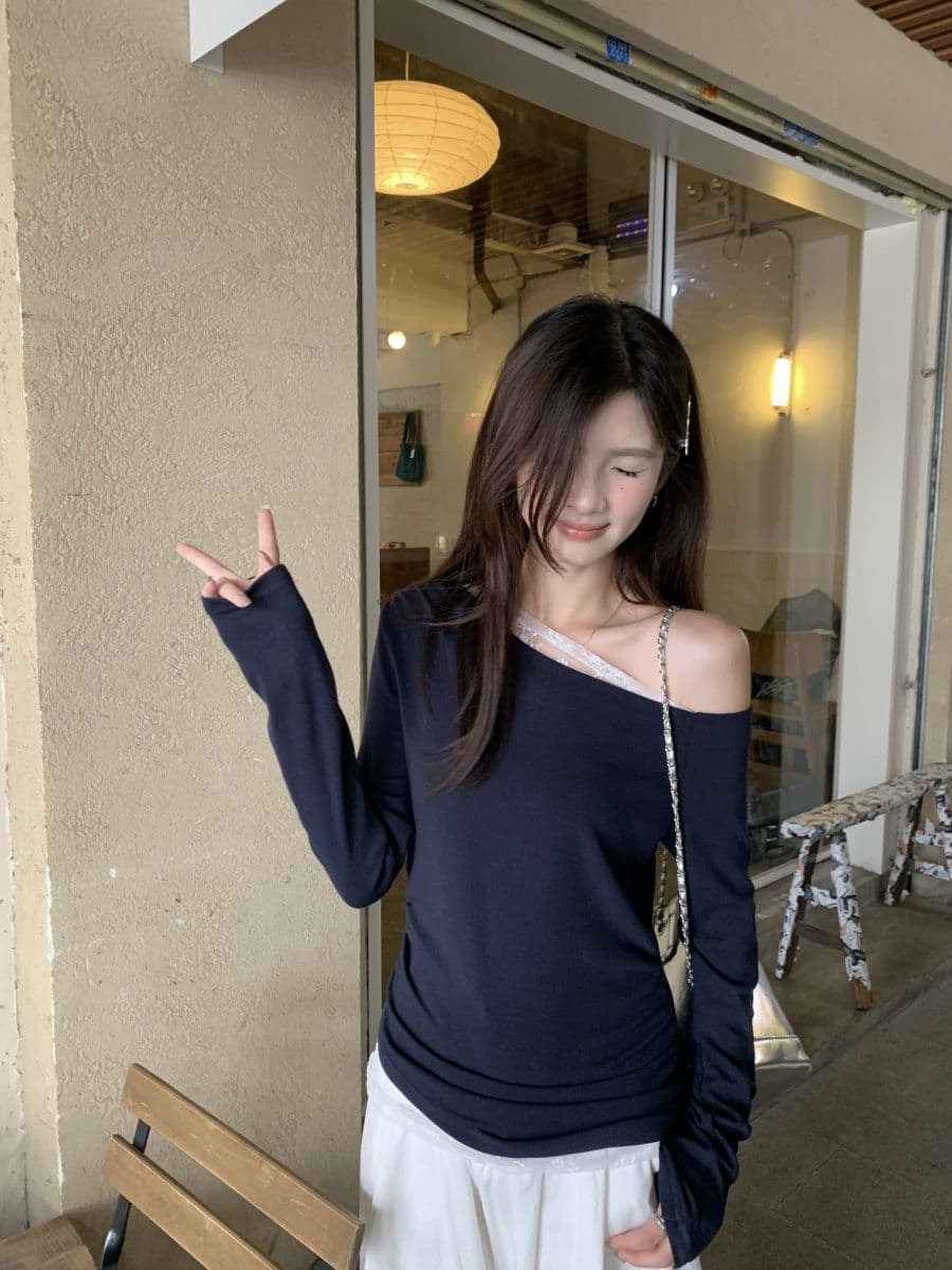 없음 마이너스 모달 260 그램 페이크 레이어드 긴팔 티셔츠 여성 상세 이미지 23