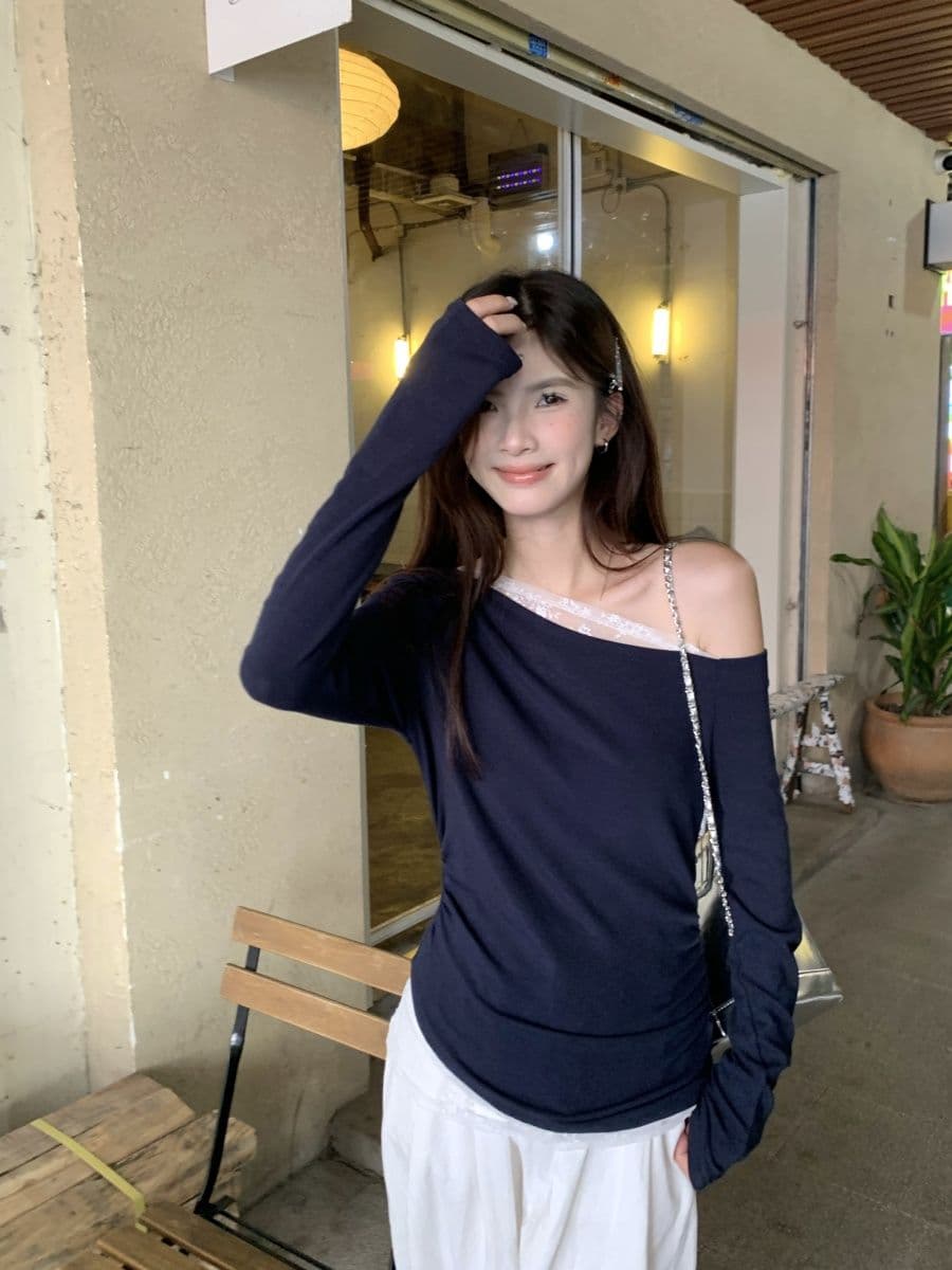 없음 마이너스 모달 260 그램 페이크 레이어드 긴팔 티셔츠 여성 상세 이미지 25